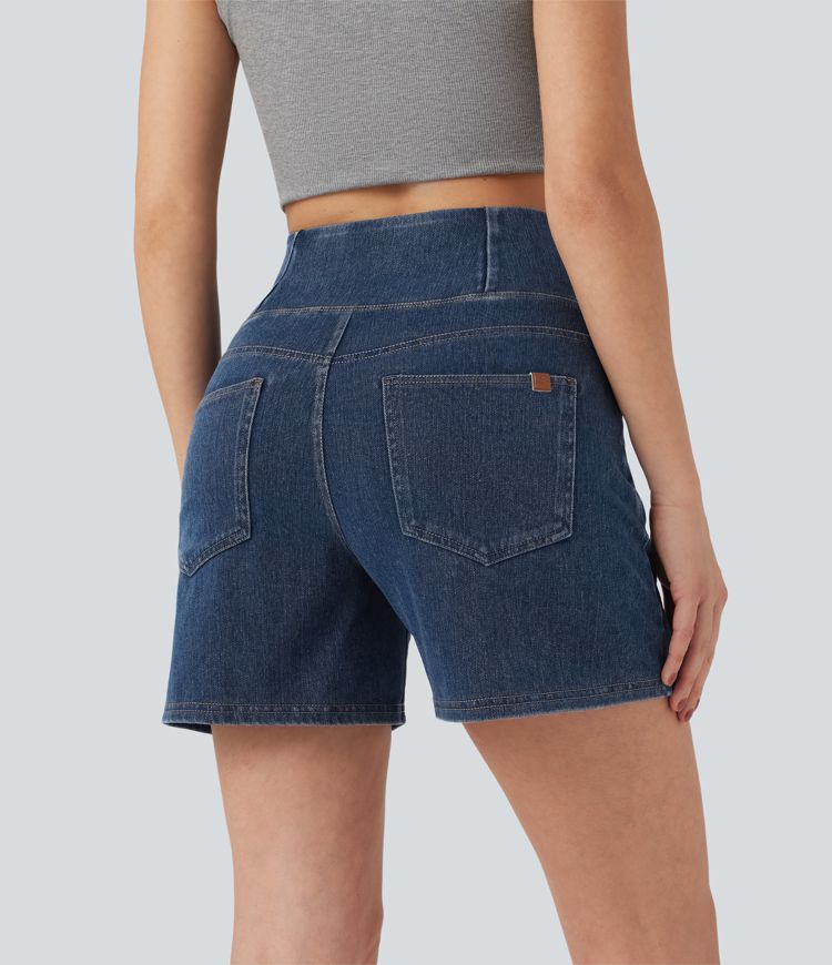 Halara Flex™ Crossover High Waisted Pockets Wide Leg A Line Washed Denim Casual Shorts