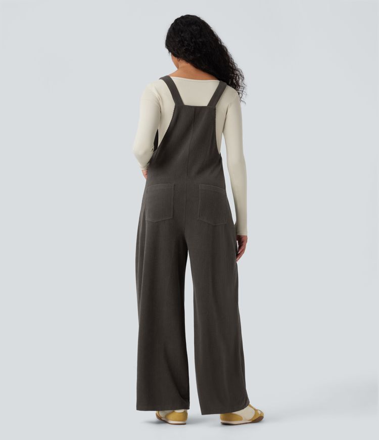Square Neck Corduroy Casual Dungarees with Pockets