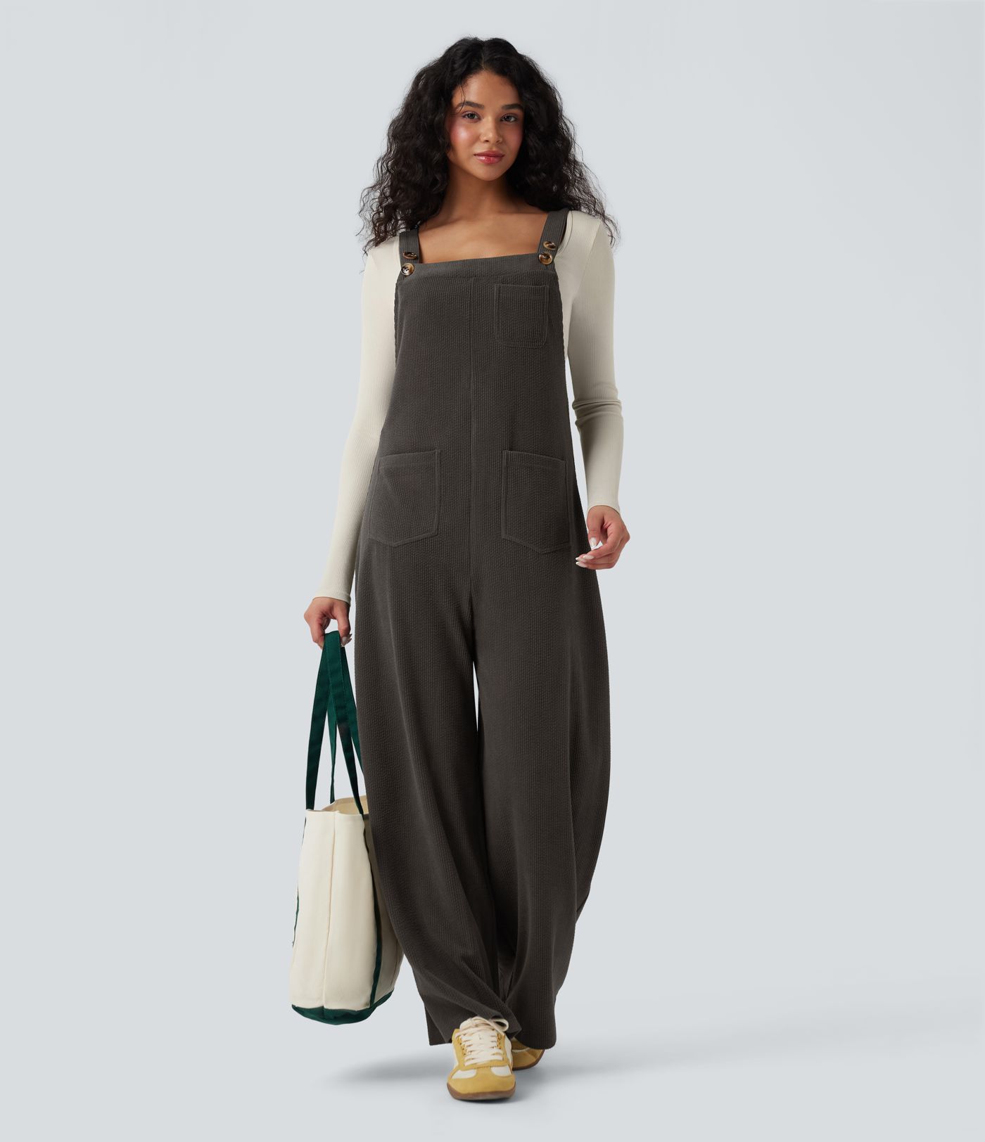 Square Neck Corduroy Casual Overalls with Pockets