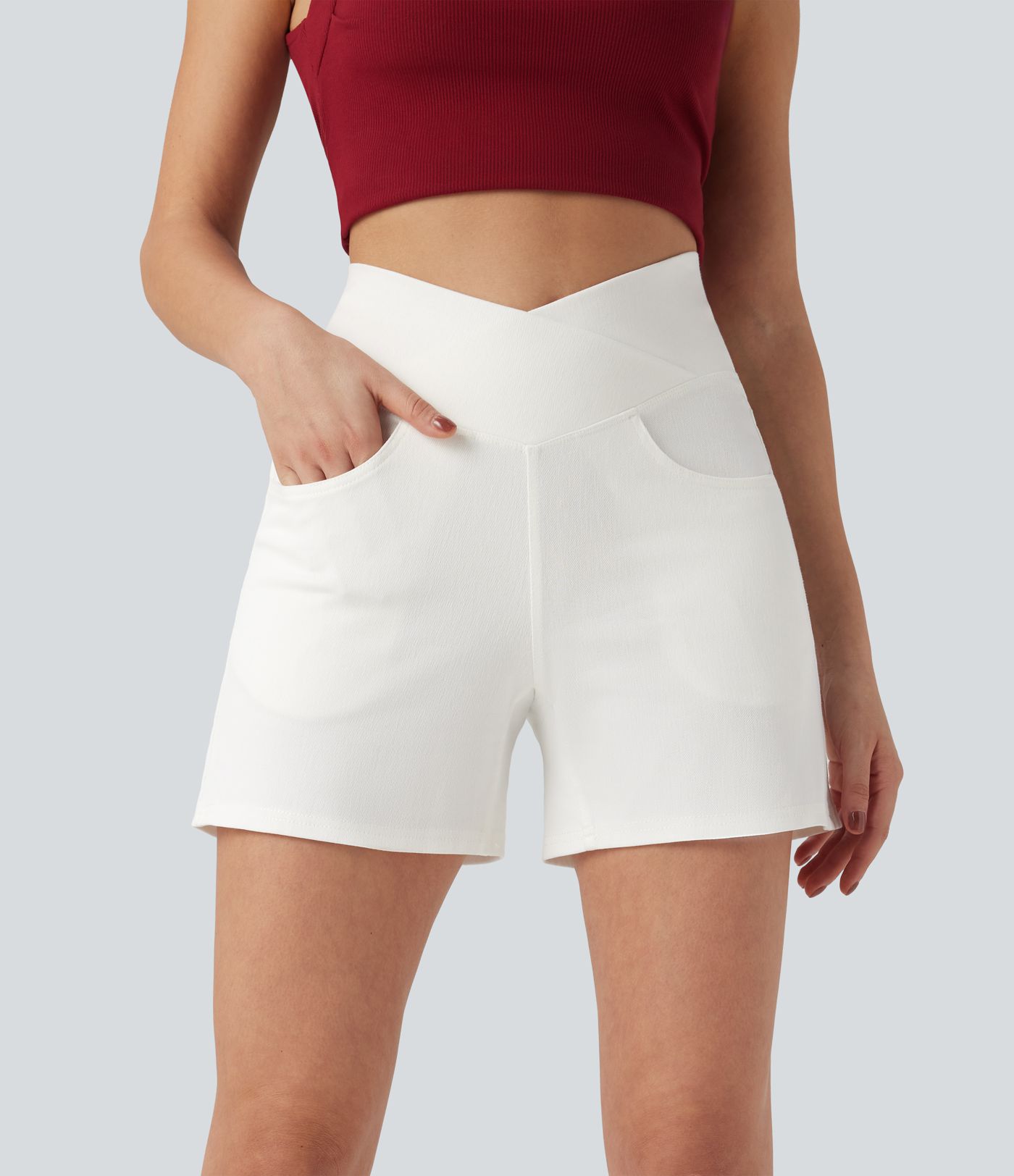 Halara Flex™ Crossover High Waisted Pockets Wide Leg A Line Washed Denim Casual Shorts