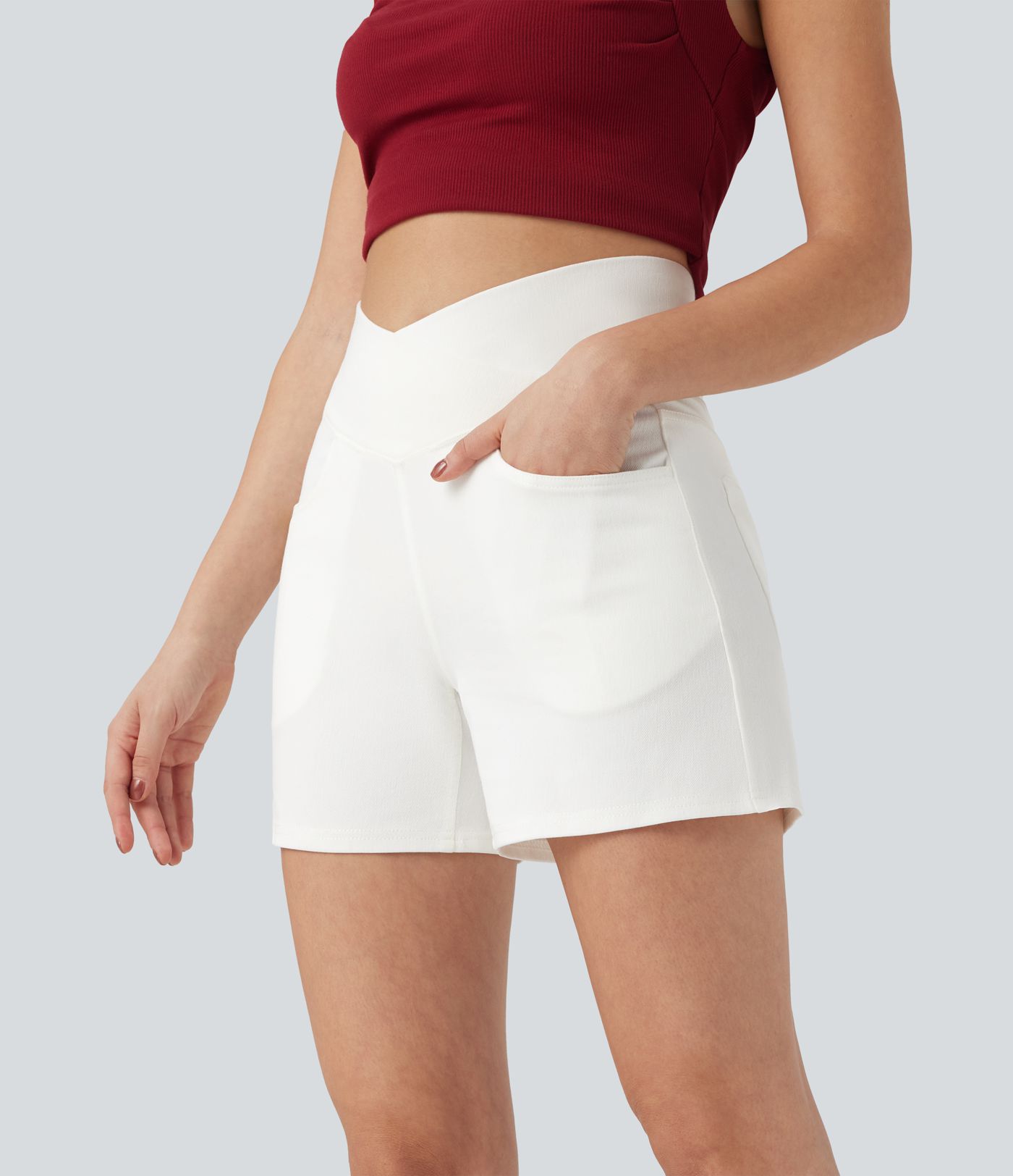 Halara Flex™ Crossover High Waisted Pockets Wide Leg A Line Washed Denim Casual Shorts