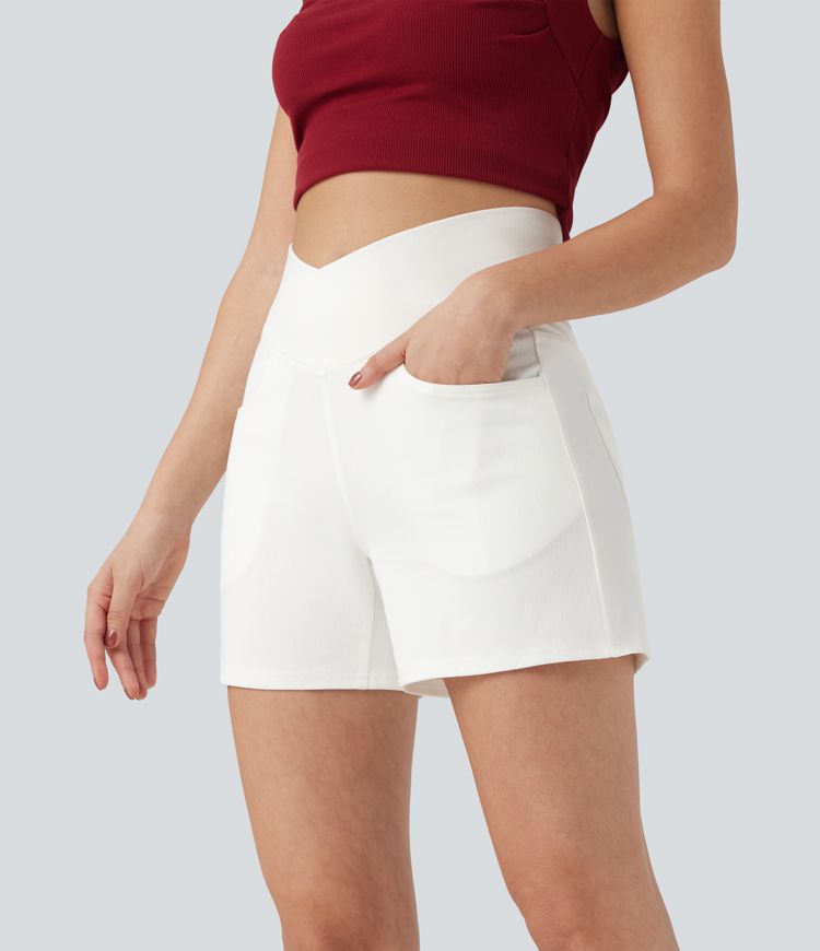 Halara Flex™ Crossover High Waisted Pockets Wide Leg A Line Washed Denim Casual Shorts