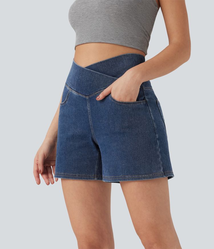 Halara Flex™ Crossover High Waisted Pockets Wide Leg A Line Washed Denim Casual Shorts