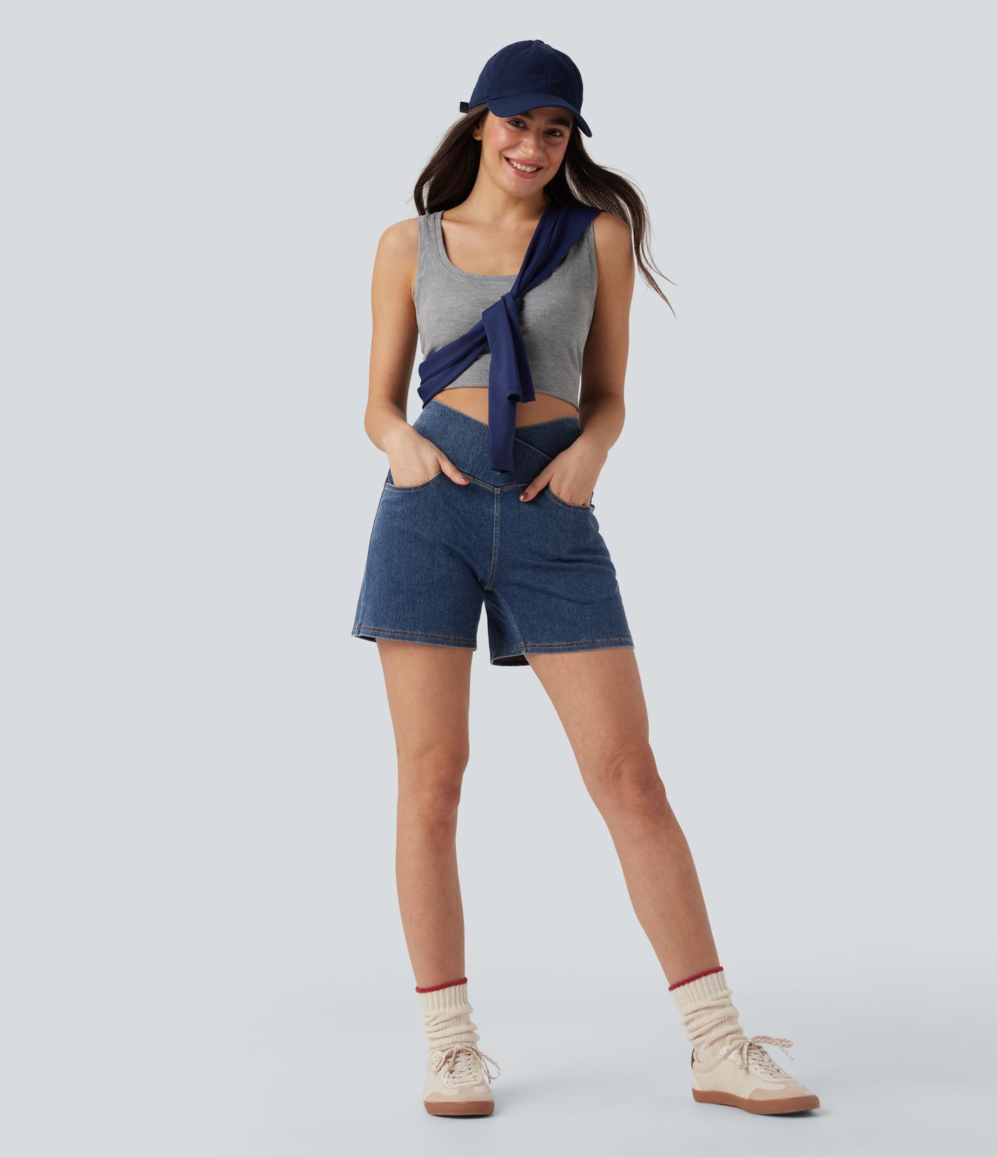 Halara Flex™ Crossover High Waisted Pockets Wide Leg A Line Washed Denim Casual Shorts