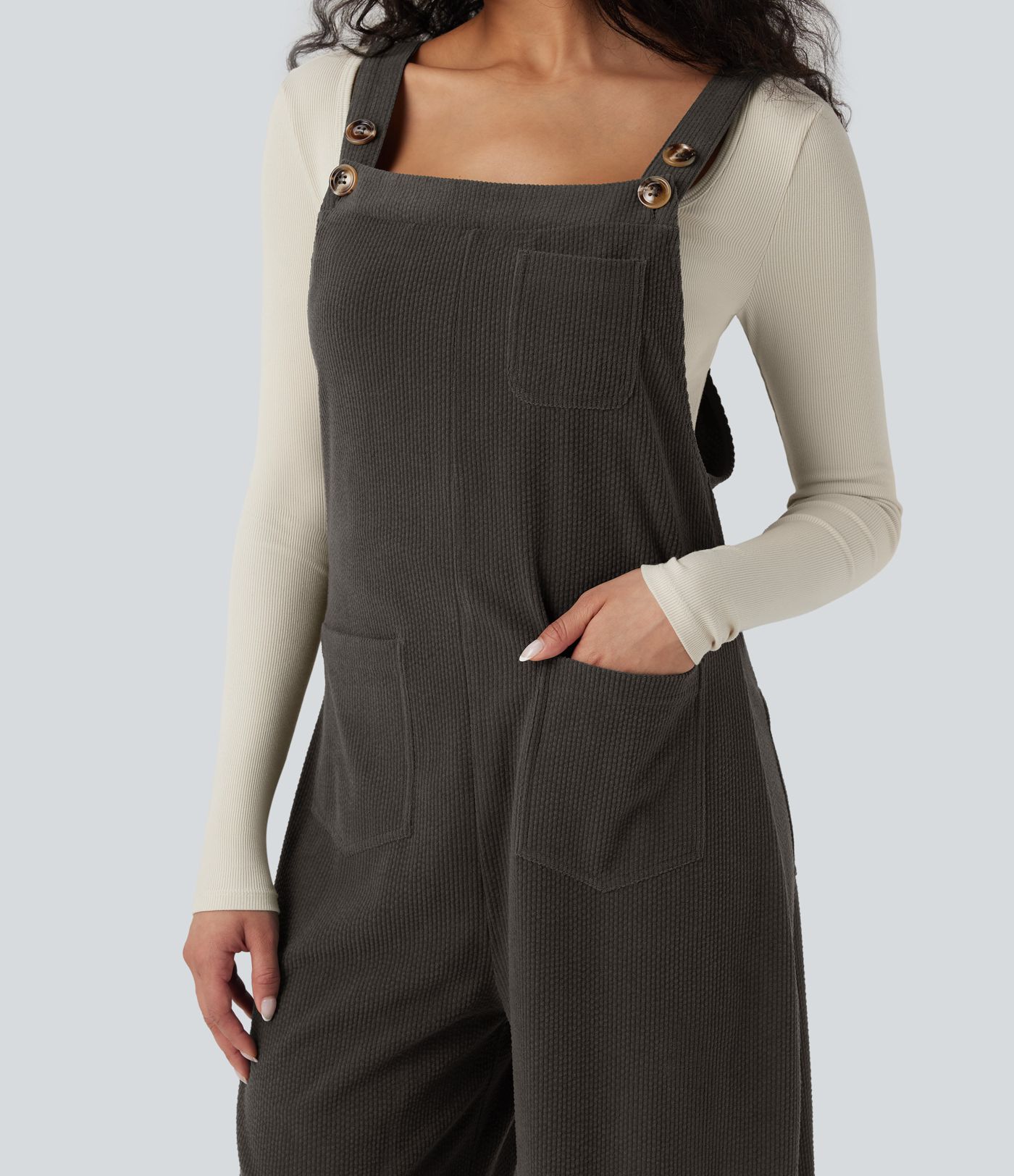 Square Neck Corduroy Casual Overalls with Pockets