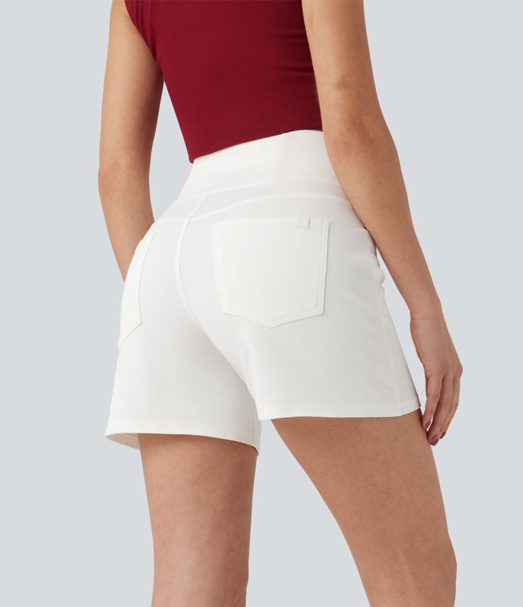 Halara Flex™ Crossover High Waisted Pockets Wide Leg A Line Washed Denim Casual Shorts