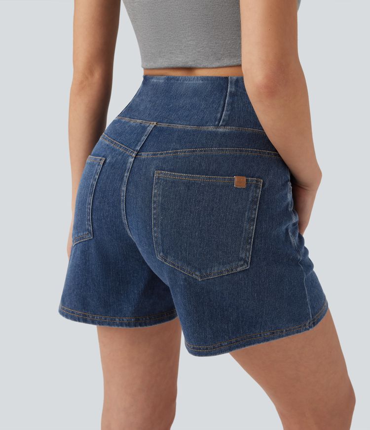 Halara Flex™ Crossover High Waisted Pockets Wide Leg A Line Washed Denim Casual Shorts
