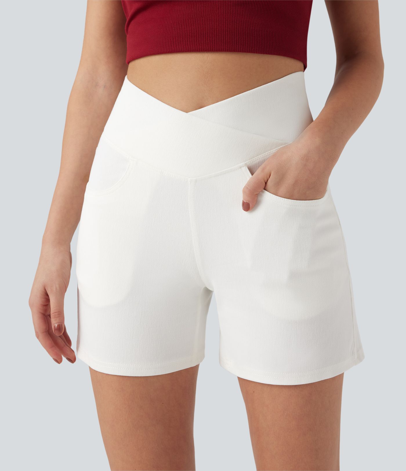 Halara Flex™ Crossover High Waisted Pockets Wide Leg A Line Washed Denim Casual Shorts