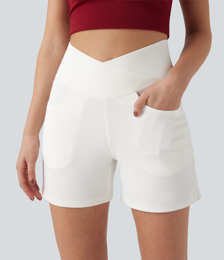 Halara Flex™ Crossover High Waisted Pockets Wide Leg A Line Washed Denim Casual Shorts