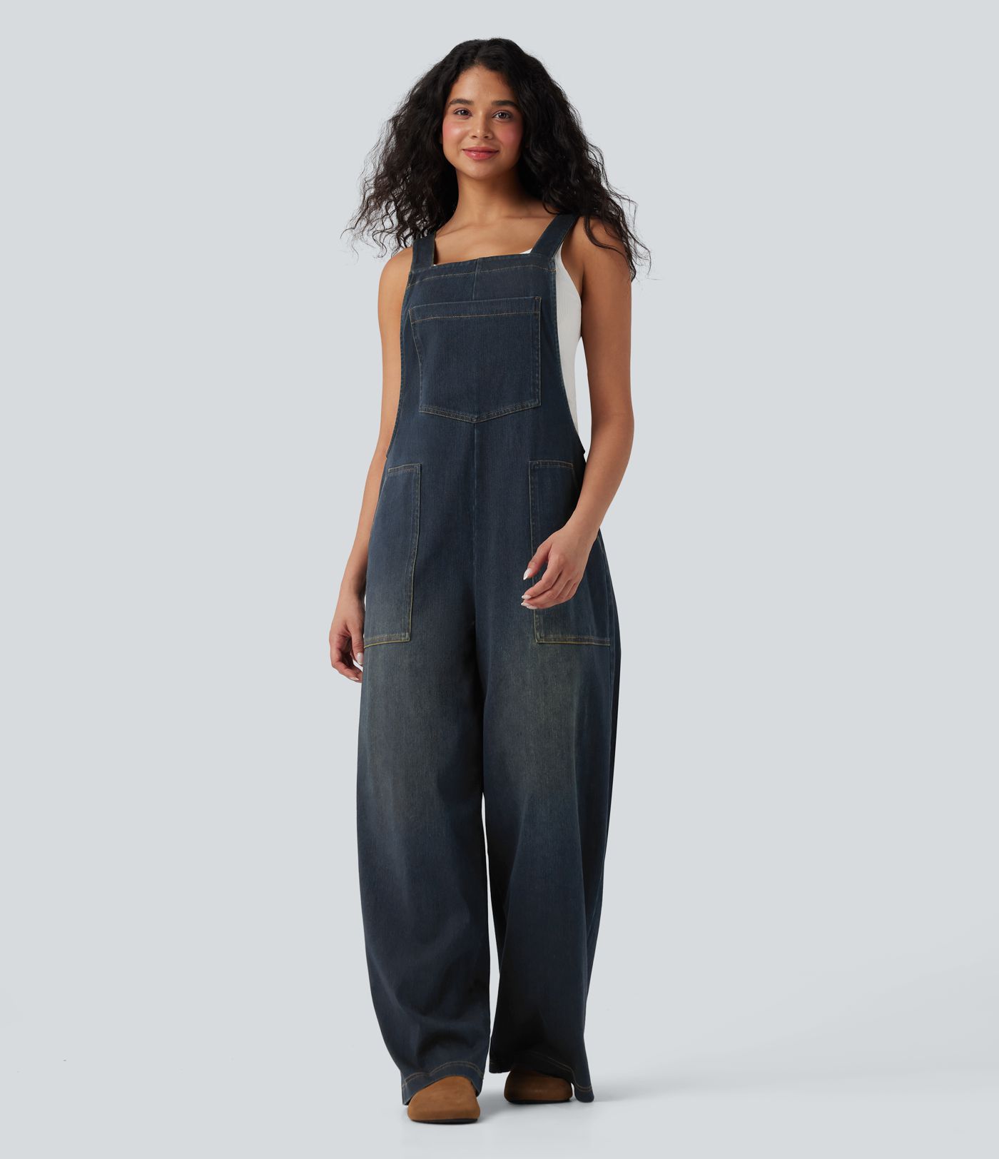 Halara Flex™ Square Neck Washed Denim Casual Dungarees with Pockets