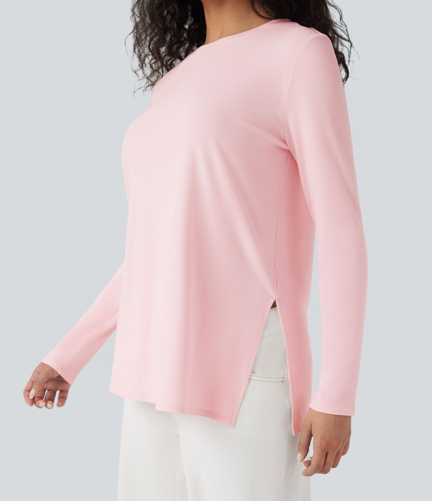 Ribbed Knit Long Sleeve Split Hem Casual T-Shirt