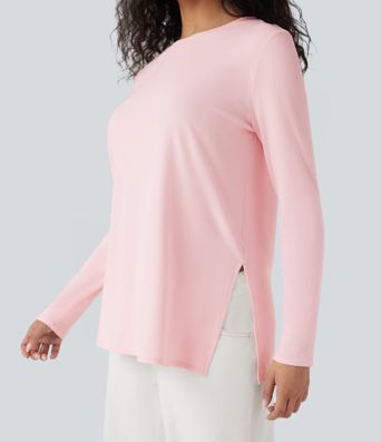 Ribbed Knit Long Sleeve Split Hem Casual T-Shirt