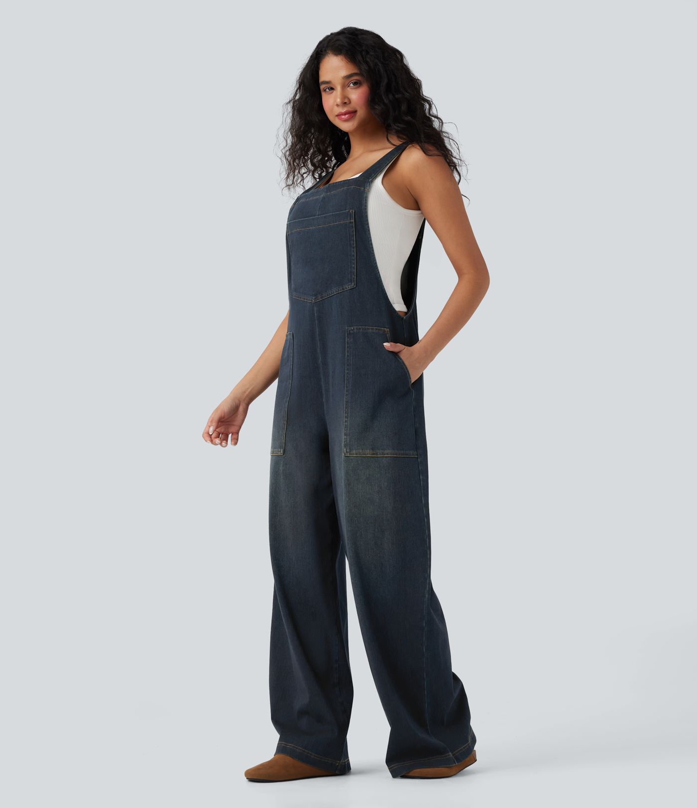 Halara Flex™ Square Neck Washed Denim Casual Dungarees with Pockets