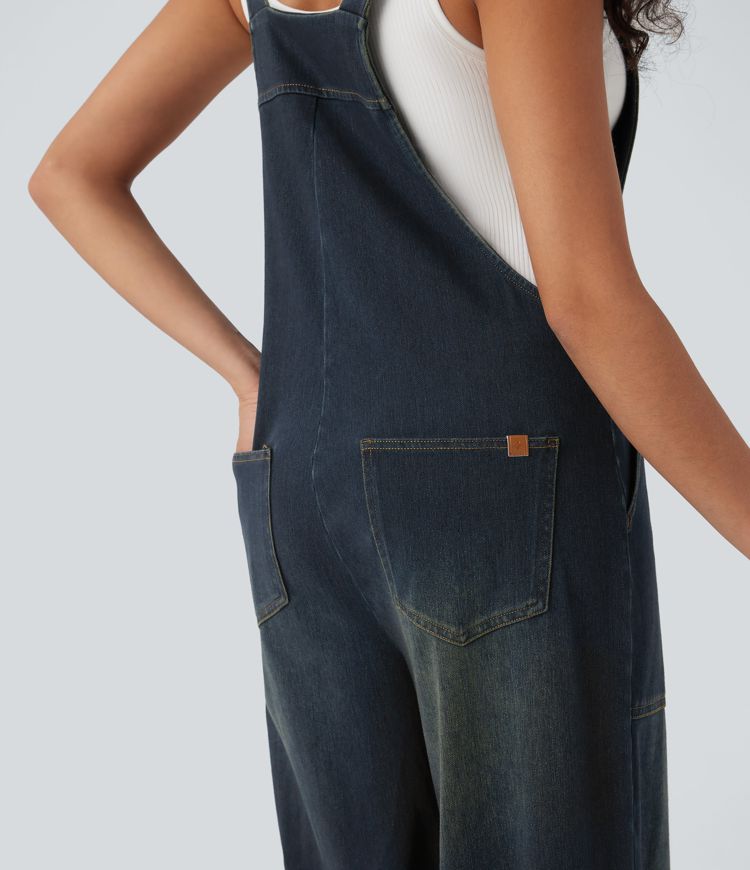 Halara Flex™ Square Neck Washed Denim Casual Dungarees with Pockets