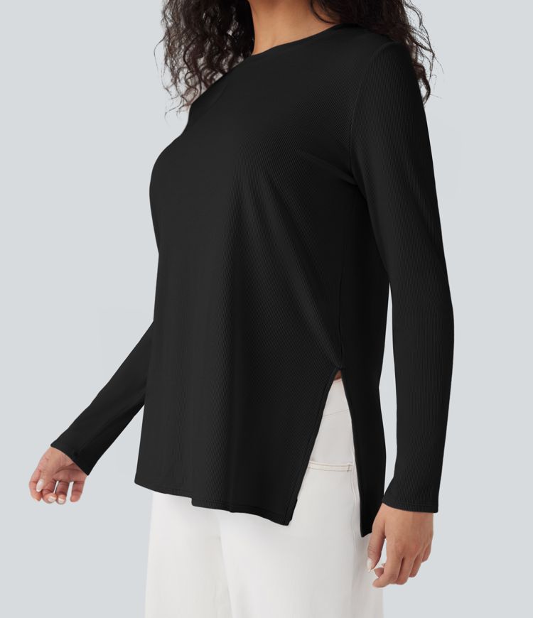 Ribbed Knit Long Sleeve Split Hem Casual T-Shirt