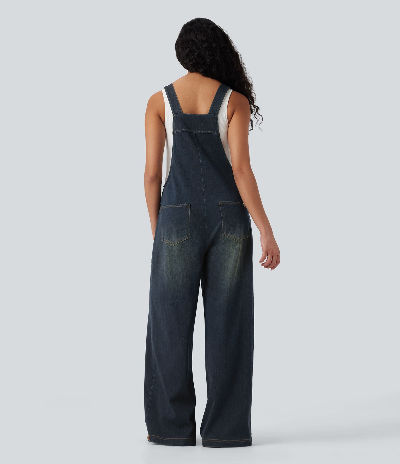 Halara Flex™ Square Neck Washed Denim Casual Dungarees with Pockets