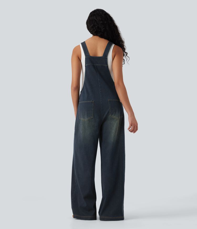 Halara Flex™ Square Neck Washed Denim Casual Dungarees with Pockets