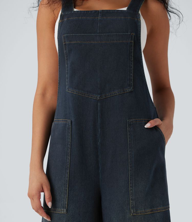 Halara Flex™ Square Neck Washed Denim Casual Dungarees with Pockets