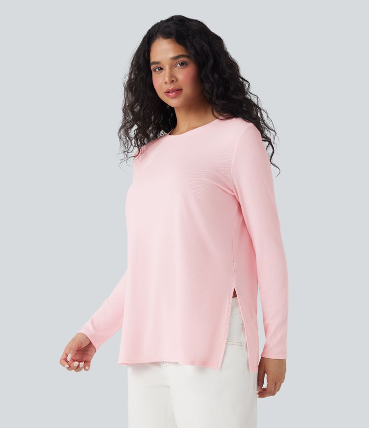 Ribbed Knit Long Sleeve Split Hem Casual T-Shirt