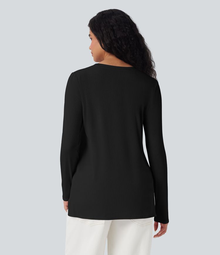 Ribbed Knit Long Sleeve Split Hem Casual T-Shirt