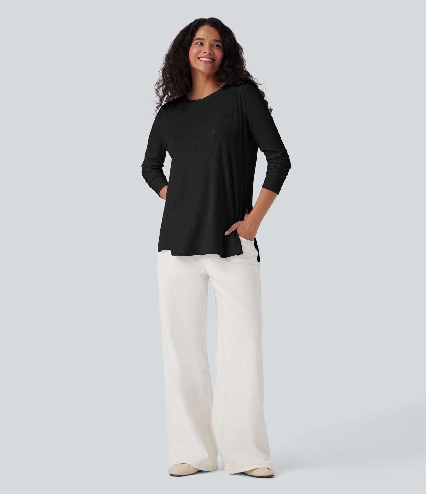 Ribbed Knit Long Sleeve Split Hem Casual T-Shirt