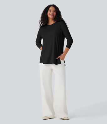 Ribbed Knit Long Sleeve Split Hem Casual T-Shirt