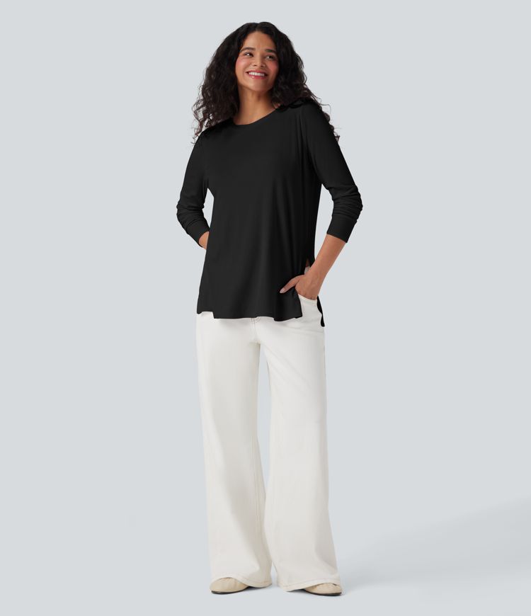 Ribbed Knit Long Sleeve Split Hem Casual T-Shirt