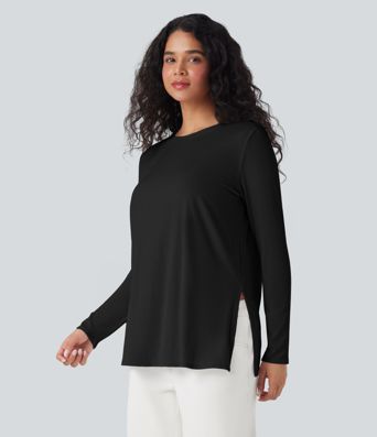 Ribbed Knit Long Sleeve Split Hem Casual T-Shirt