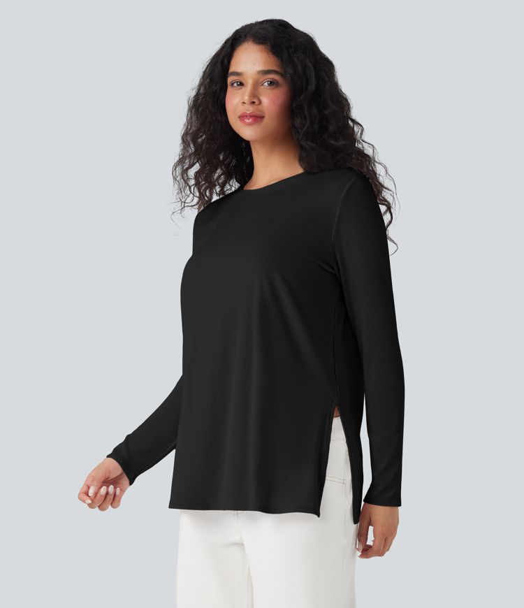 Ribbed Knit Long Sleeve Split Hem Casual T-Shirt