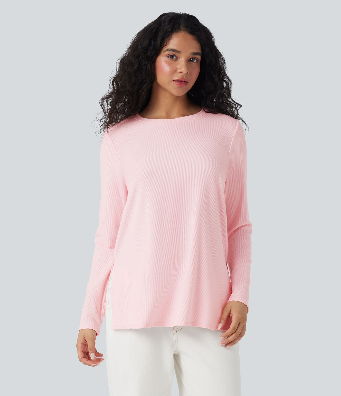 Ribbed Knit Long Sleeve Split Hem Casual T-Shirt