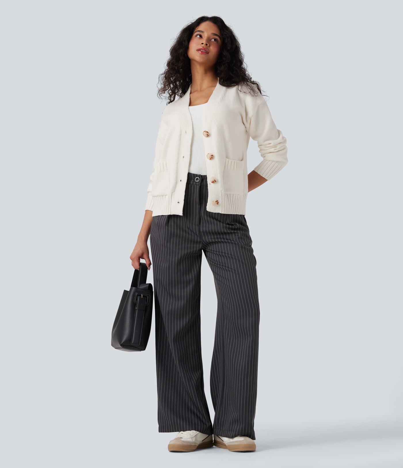 V-neck Long Sleeve Work Cardigan with Pockets