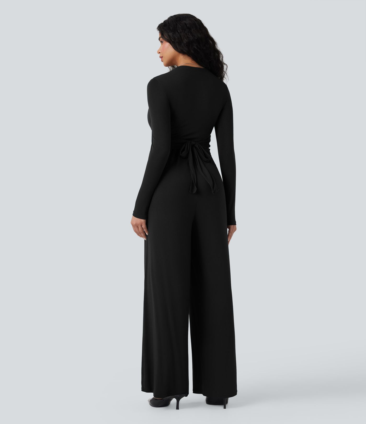 Ribbed V Neck Wrapped Tie Back Long Sleeve Wide Leg Casual Jumpsuit with Pockets-Easy Peezy Edition