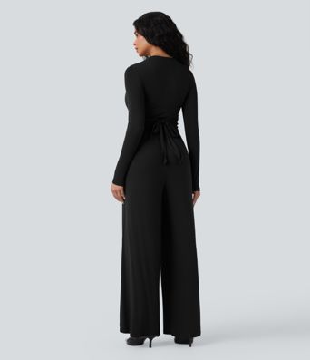 Ribbed V Neck Wrapped Tie Back Long Sleeve Wide Leg Casual Jumpsuit with Pockets-Easy Peezy Edition