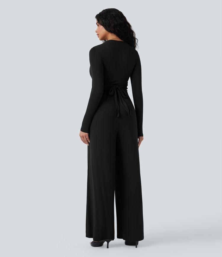 Ribbed V Neck Wrapped Tie Back Long Sleeve Wide Leg Casual Jumpsuit with Pockets-Easy Peezy Edition