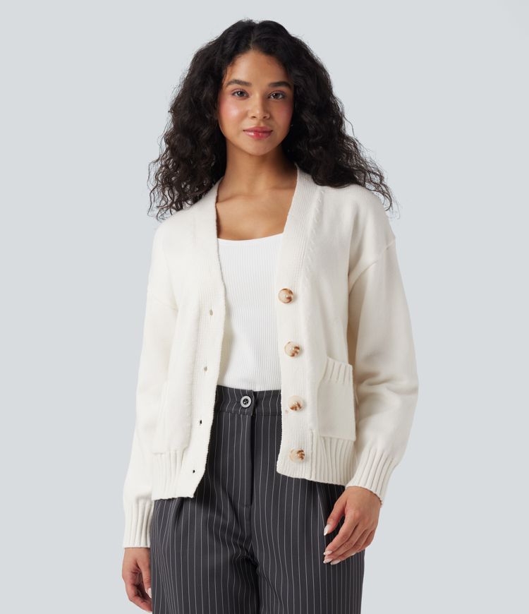 V-neck Long Sleeve Work Cardigan with Pockets
