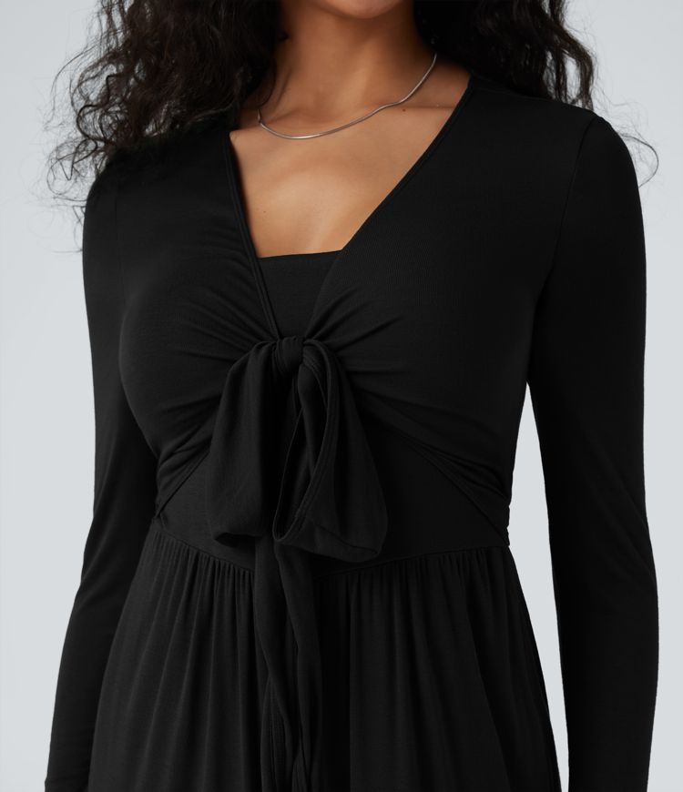 Ribbed V Neck Wrapped Tie Back Long Sleeve Wide Leg Casual Jumpsuit with Pockets-Easy Peezy Edition