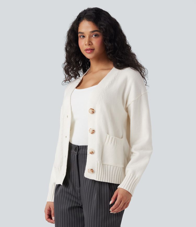 V-neck Long Sleeve Work Cardigan with Pockets