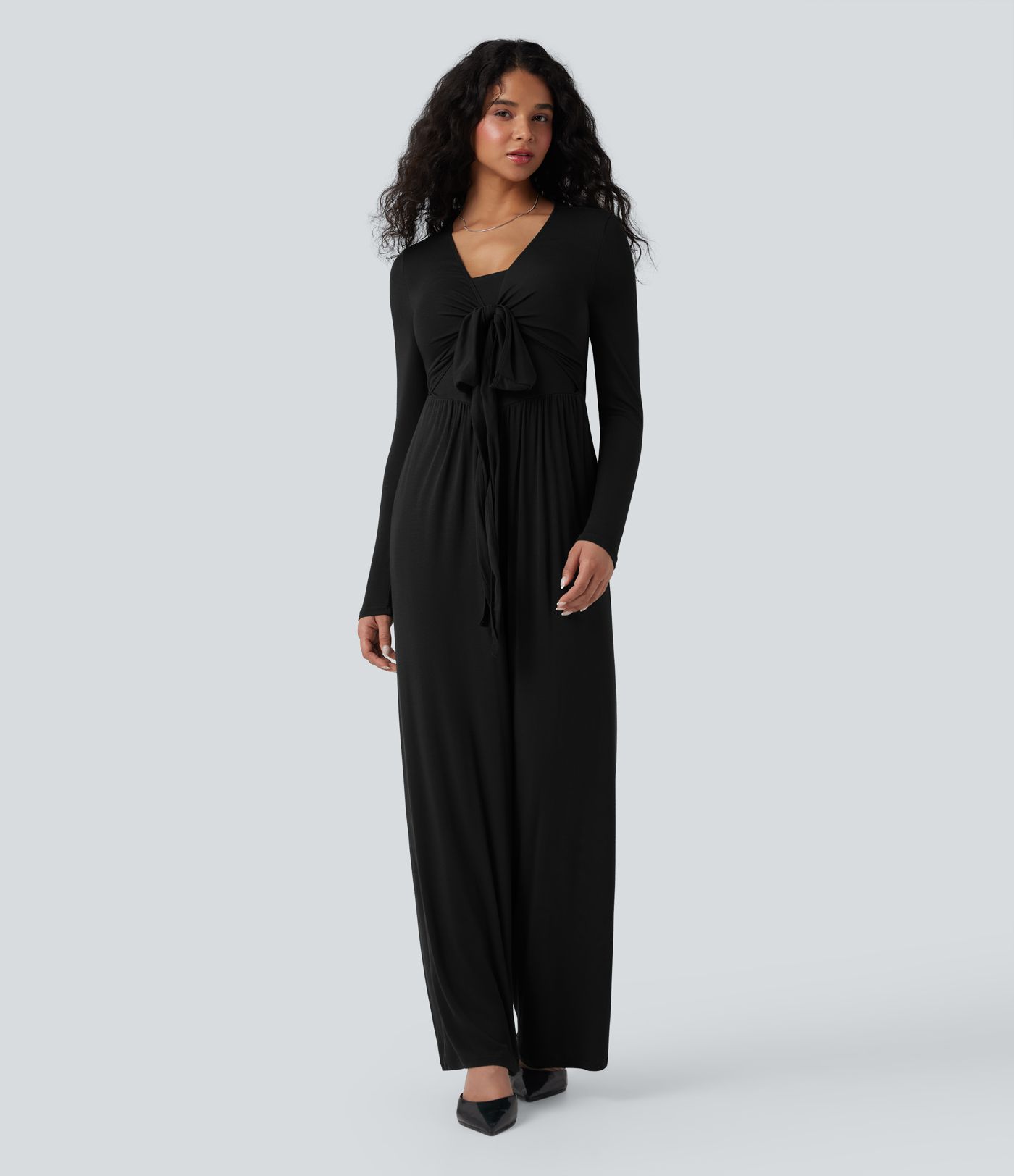 Ribbed V Neck Wrapped Tie Back Long Sleeve Wide Leg Casual Jumpsuit with Pockets-Easy Peezy Edition