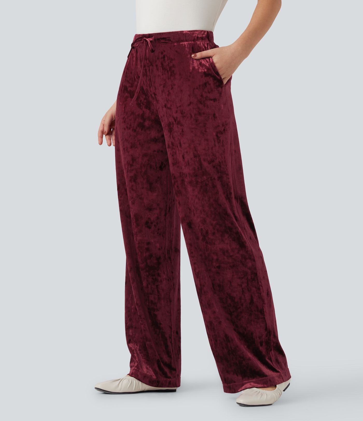 High Waisted Drawstring Velvet Casual Wide Leg Trousers with Pockets