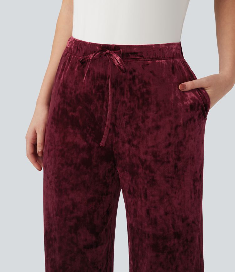 Pantalones casuales anchos de terciopelo con tiro alto y cordón ajustable con bolsillos