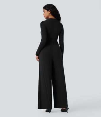 Ribbed V Neck Wrapped Tie Back Long Sleeve Wide Leg Casual Jumpsuit with Pockets-Easy Peezy Edition