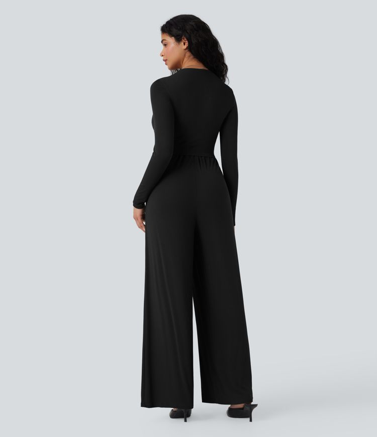 Ribbed V Neck Wrapped Tie Back Long Sleeve Wide Leg Casual Jumpsuit with Pockets-Easy Peezy Edition