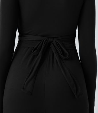 Ribbed V Neck Wrapped Tie Back Long Sleeve Wide Leg Casual Jumpsuit with Pockets-Easy Peezy Edition