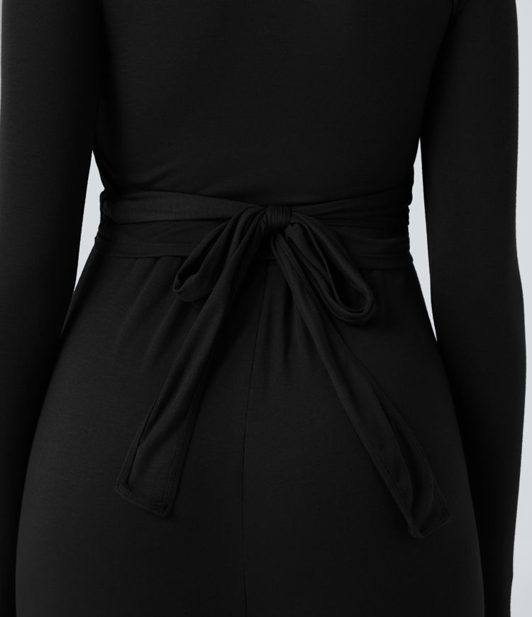 Ribbed V Neck Wrapped Tie Back Long Sleeve Wide Leg Casual Jumpsuit with Pockets-Easy Peezy Edition