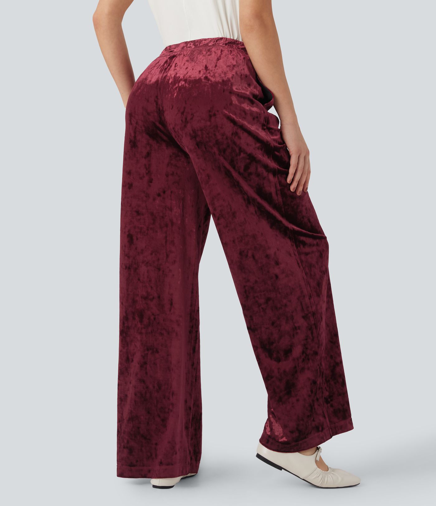 High Waisted Drawstring Velvet Casual Wide Leg Trousers with Pockets