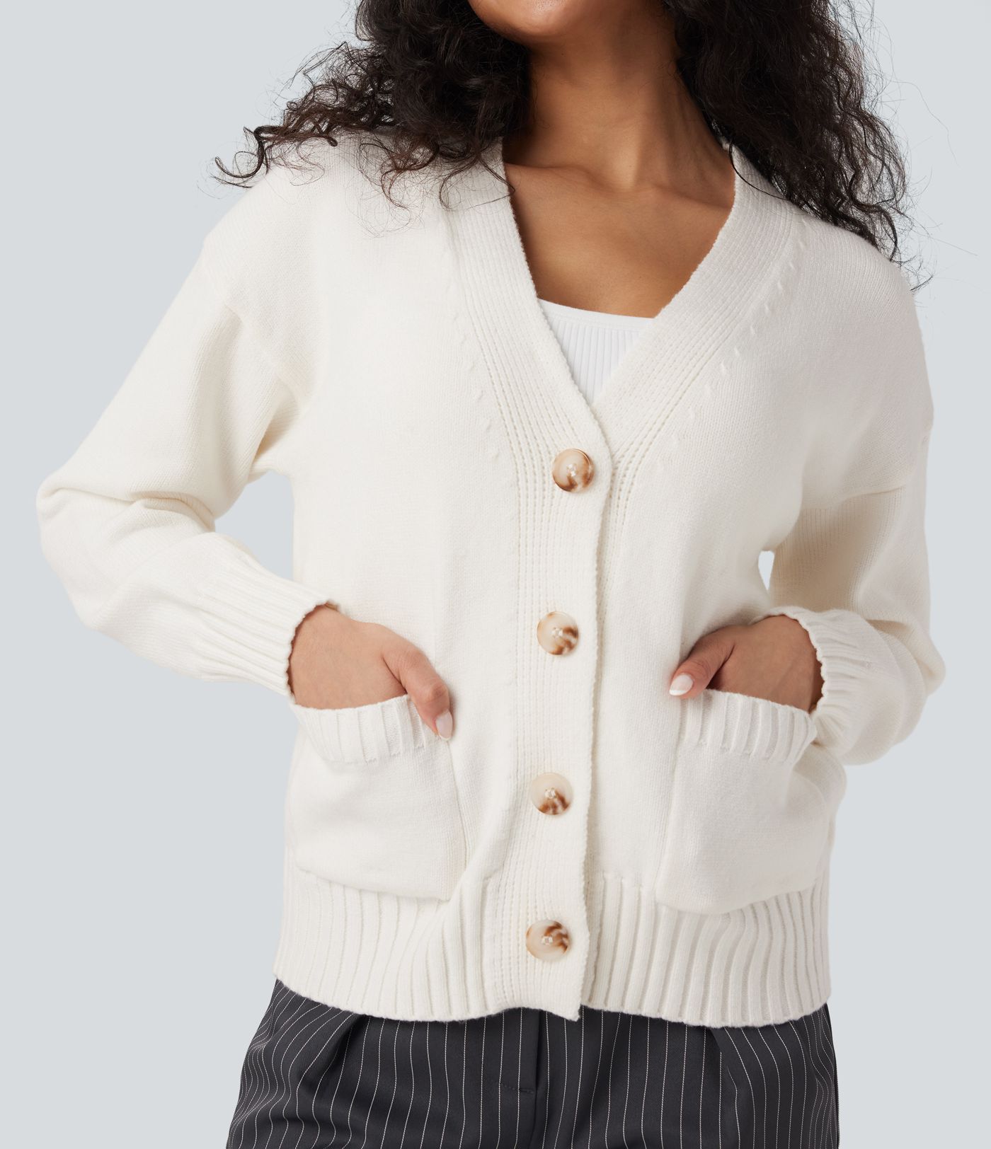 V-neck Long Sleeve Work Cardigan with Pockets
