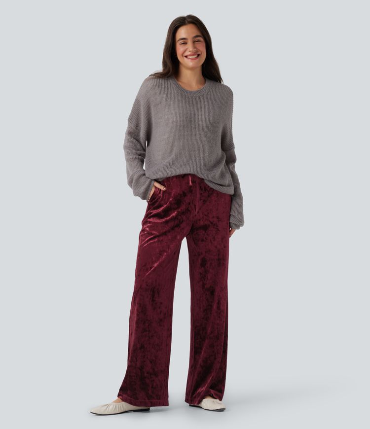 Pantalones casuales anchos de terciopelo con tiro alto y cordón ajustable con bolsillos