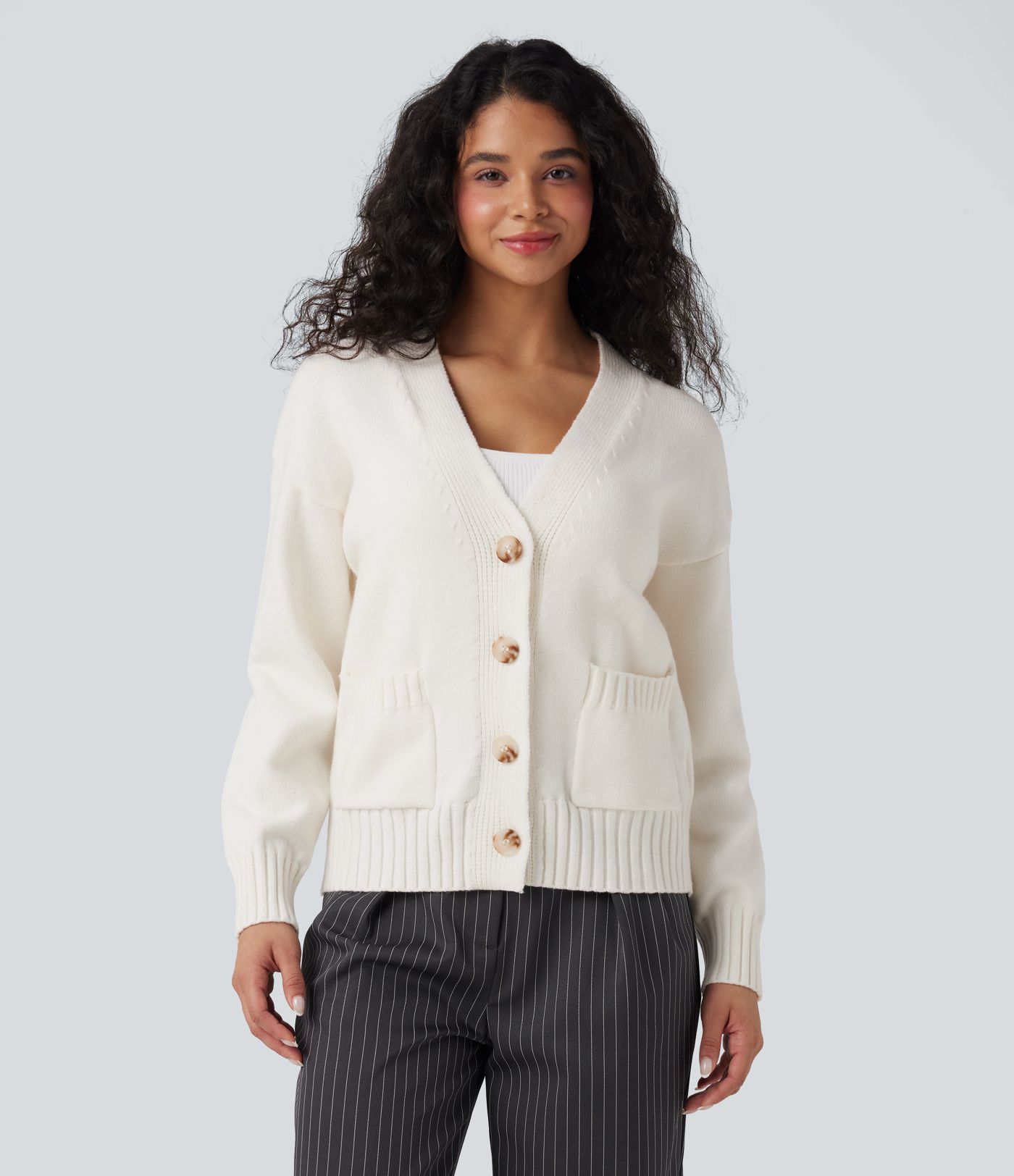 V-neck Long Sleeve Work Cardigan with Pockets