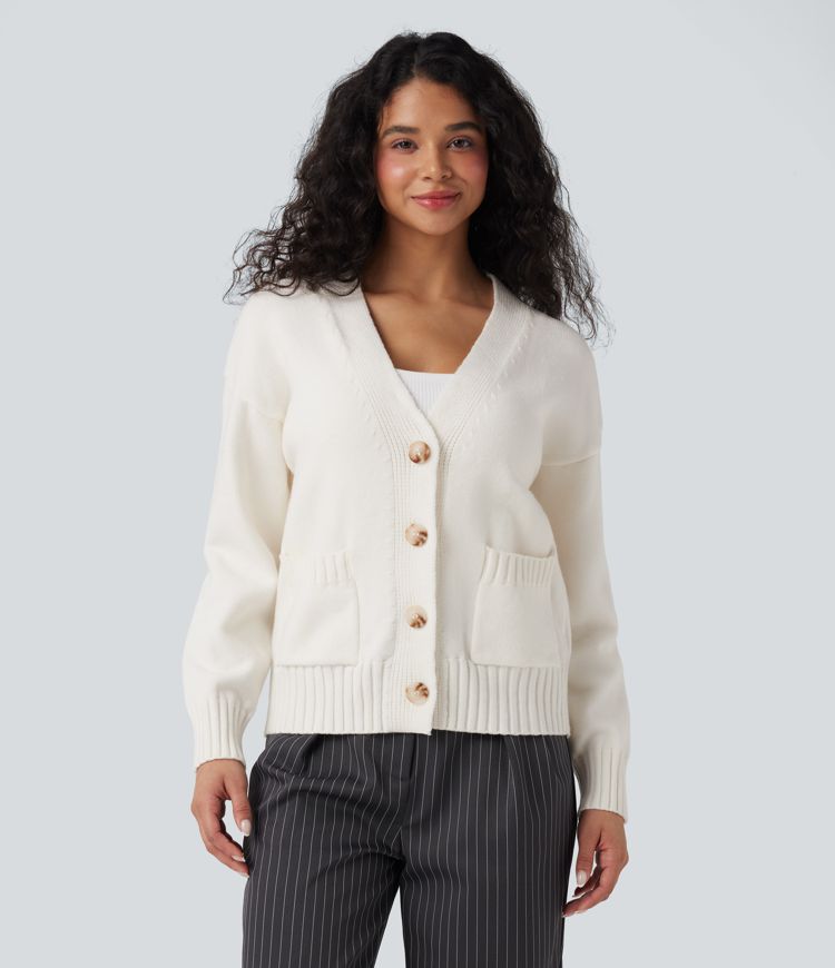 V-neck Long Sleeve Work Cardigan with Pockets