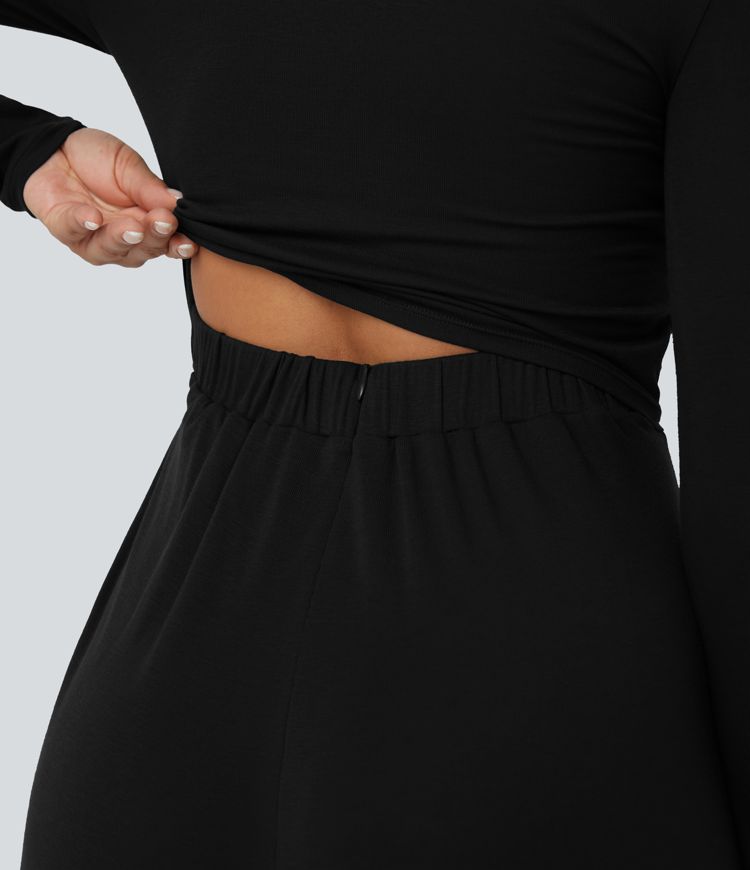 Ribbed V Neck Wrapped Tie Back Long Sleeve Wide Leg Casual Jumpsuit with Pockets-Easy Peezy Edition